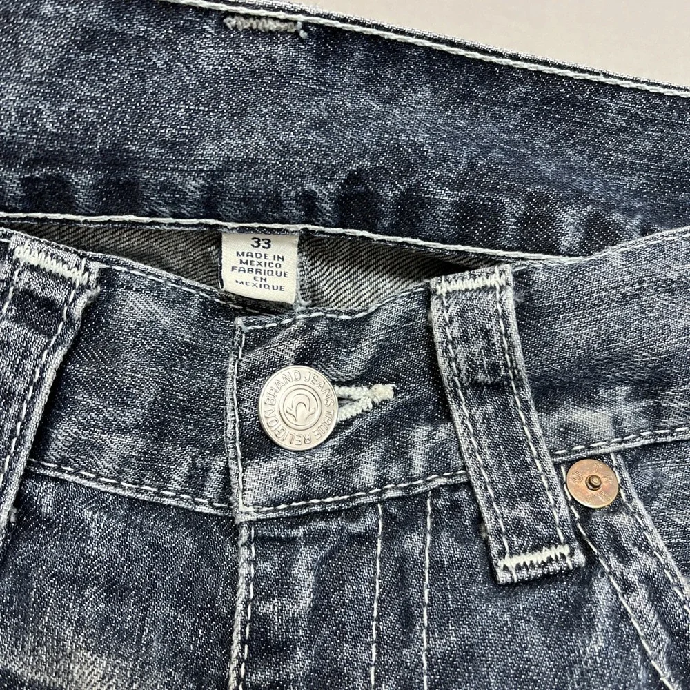 True Religion Jeans Mens 33 Straight Fit Flap Pocket Medium Acid Wash Blue Denim